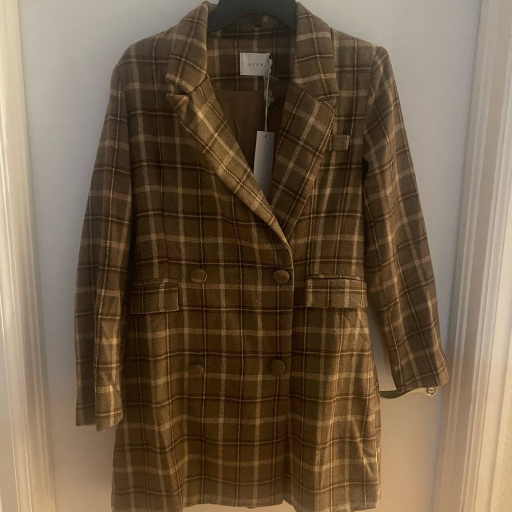 Brown plaid coat dress brand is Lush